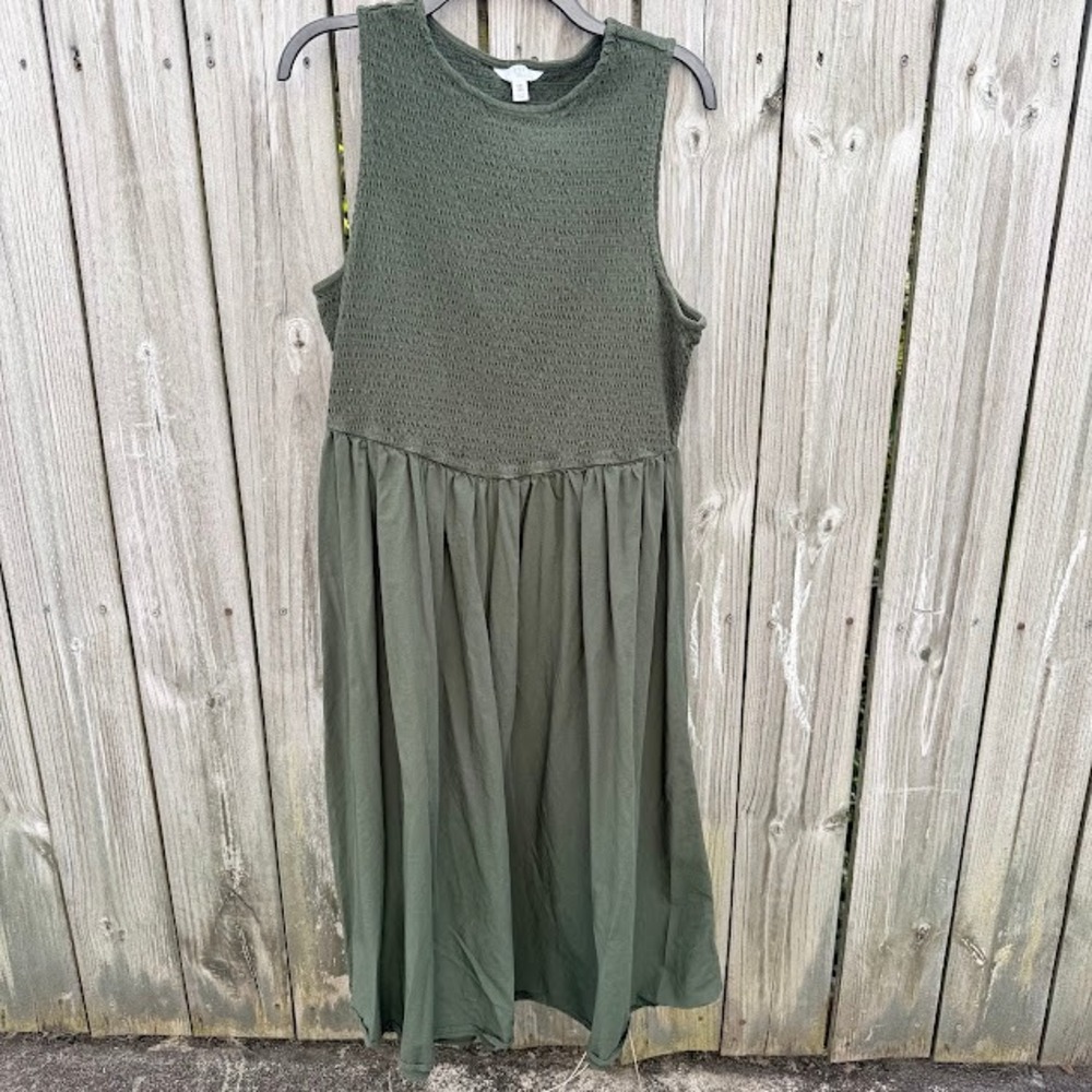 Cottagecore Boho Time and Tru Smocked Midi Dress XXL 20 Olive Green Sleeveless